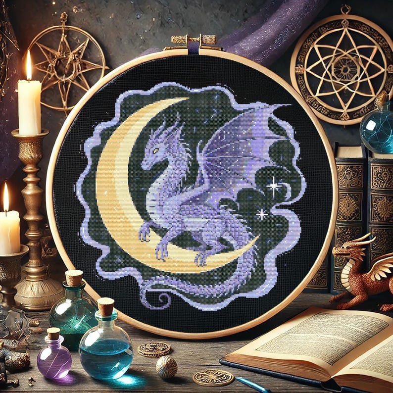 Celestial Dragon Cross Stitch Pattern, Moonlit Fantasy Embroidery ...
