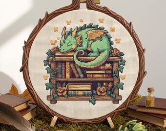 Sleeping Dragon on Bookshelf Cross Stitch Pattern: Fantasy Gothic Embroidery PDF with Roses