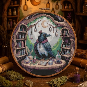 Magical Raven Apothecary Cross Stitch Pattern Fantasy Mystical Crow Halloween Embroidery Spooky Dark Apothecary Bird Wizard Cross Stitch PDF