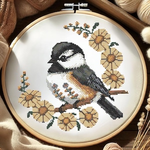 Floral Chickadee Bird Cross Stitch Pattern Elegant Lovers Bird Cute Chickadee on Branch with Flowers Embroidery Botanical Songbird Stitch