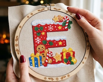Christmas Letter E Cross Stitch Pattern: Gingerbread Gifts Candy Cane Snowflakes Embroidery PDF