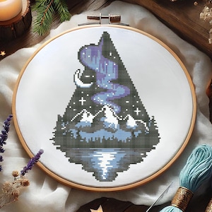 Mountain Reflection Aurora Borealis Cross Stitch Pattern, Northern Lights Embroidery, Scenic Winter Landscape, Nature-Inspired Needlework