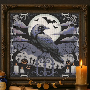 Dark Fantasy Raven Cross Stitch Pattern Gothic Night Sky Raven Halloween Embroidery Spooky Dark Bird Tarot Cross Stitch Beginner Stitching
