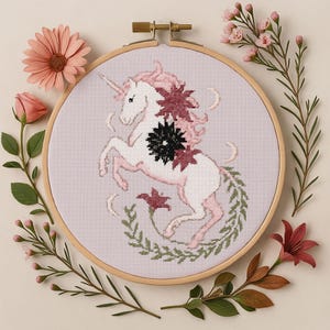 Floral Unicorn Cross Stitch Pattern, Floral Unicorn Mythical Creature Embroidery, Fantasy Moon Halloween stitching Pattern for Beginner