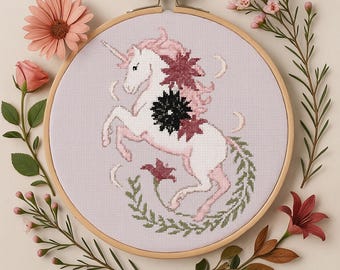 Floral Unicorn Cross Stitch Pattern, Floral Unicorn Mythical Creature Embroidery, Fantasy Moon Halloween stitching Pattern for Beginner