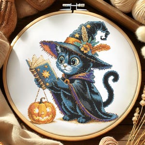Wizard Cat Cross Stitch Pattern Halloween Cat with Spellbook Embroidery Halloween Magical Spooky Cat Reading Halloween Cross Stitch PDF