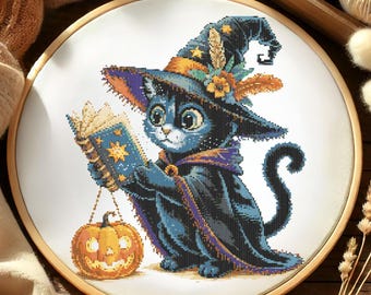 Wizard Cat Cross Stitch Pattern Halloween Cat with Spellbook Embroidery Halloween Magical Spooky Cat Reading Halloween Cross Stitch PDF
