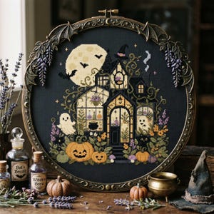 Peut inclure: Un tambour à broder circulaire présentant un motif au point de croix d'une serre de nuit avec une pleine lune, des chauves-souris, des fantômes et des citrouilles. Le cadre est en métal sombre orné d'ailes de chauve-souris sur fond noir.