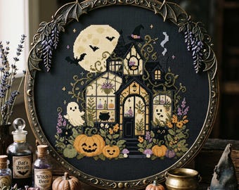 Kreuzstichmuster „Spukgewächshaus“: Halloween-Geisterkürbis-Stickvorlage (PDF)