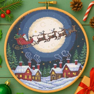 Holiday Village Santa Sleigh Flying Cross Stitch Pattern Santa With Reindeer Embroidery Pattern Cozy Winter Christmas Holiday Cross Stitch