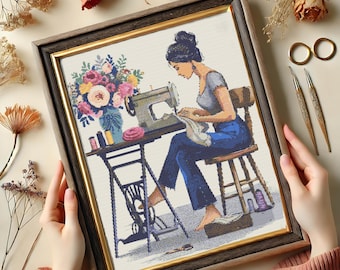 Vintage Sewing Girl Cross Stitch Pattern, Elegant Seamstress Embroidery, Sewing Machine & Floral Design, Cross Stitch PDF Instant Download