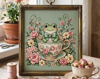 Patrón de punto de cruz de rana en taza de té: Bordado floral estilo cottagecore en rosa rubor (PDF)