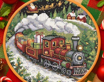 Padrão de ponto cruz de trem de Natal e trenó do Papai Noel, padrão de bordado de trem festivo vintage, Papai Noel e presentes, ponto cruz de feriado