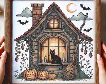 Halloween Hexe Cottage mit schwarzer Katze Kreuzstich-Muster Spooky Halloween Haus Stickmuster Gemütliches Haus Halloween Kreuzstich