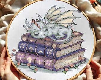 Sleeping Dragon on books Cross Stitch Pattern, Cozy Fantasy Embroidery, Mythical Creature Cross Stitch, Enchanted Library Cross Stitch
