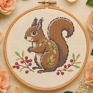 Autumn Squirrel with Berries and Leaves Cross Stitch Pattern Cute Squirrel Woodland Embroidery Nature Needlework Squirrel Stitch Pattern