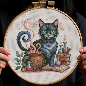 Magical Witchy Black Cat Cross Stitch Pattern Halloween Gothic Black Cat Embroidery Halloween Spooky Cat Alchemy Cross Stitch PDF