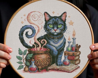 Magical Witchy Black Cat Cross Stitch Pattern Halloween Gothic Black Cat Embroidery Halloween Spooky Cat Alchemy Cross Stitch PDF