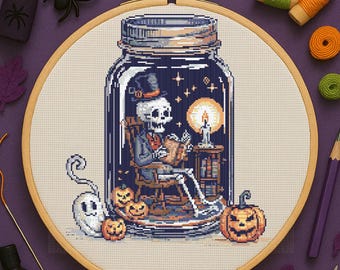 Gothic Skeleton in Jar Cross Stitch Pattern Halloween Skeleton Reading Embroidery Spooky Halloween Skeleton Book Cross Stitch PDF Beginner