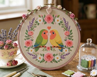 Patrón de punto de cruz de corona floral de pájaros enamorados: Bordado de rosas y pájaros enamorados en tonos melocotón románticos (PDF)