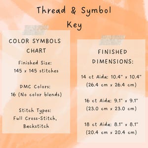 May include: A cross-stitch chart titled "Thread & Symbol Key." It details colour symbols, finished dimensions, and stitch types. Finished dimensions are given for 14, 16, and 18 ct Aida, with sizes in inches and centimetres.