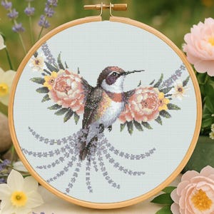 Floral Hummingbird Cross Stitch Pattern Elegant Bird Hummingbird with peony wings, Cottagecore Needlework, Botanical Songbird Stitch Pattern