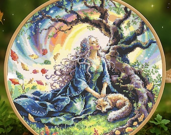 Mystical Elven Woman With Magical Fox Cross Stitch Pattern Woman With fox fantasy Garden scene celestial stitching Fantasy Embroidery PDF