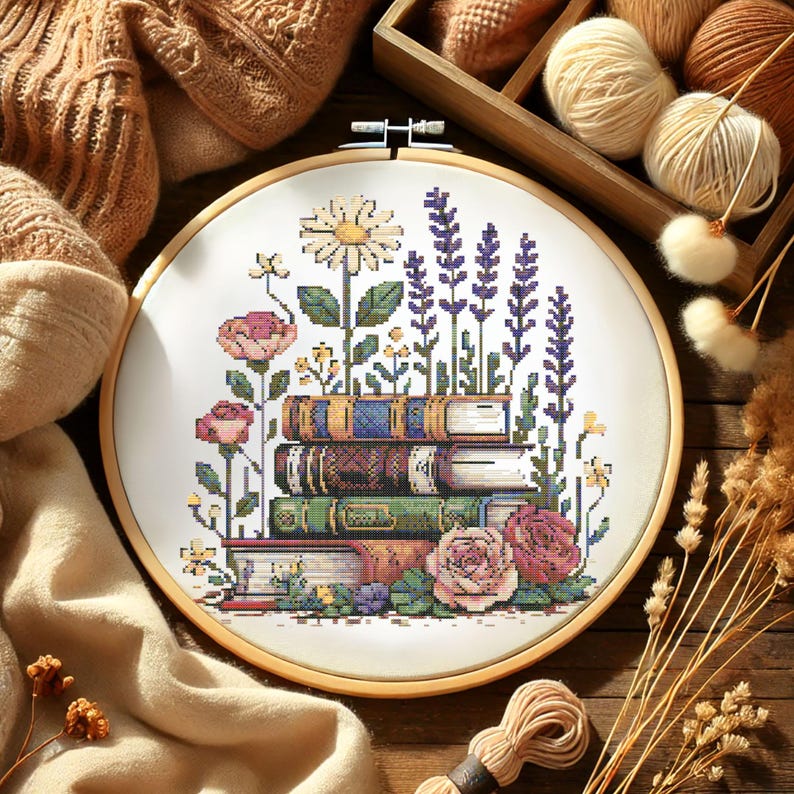 Cozy Floral Book Cross Stitch Pattern Botanical Book Embroidery Floral ...