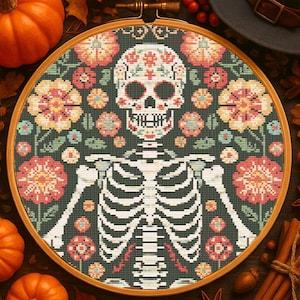Gothic Skeleton Flowers Cross Stitch Pattern Halloween Floral Skull with Blossoms Embroidery Garden Halloween Gothic Stitching For Lovers