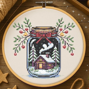 Snowy Winter Cabin in Mason Jar Cross Stitch Pattern Christmas Houses Embroidery Pattern Cozy Winter Christmas Holiday Cross Stitch Beginner