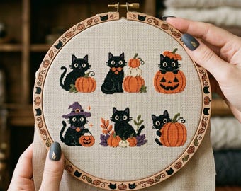 Wzór haftu krzyżykowego "Wiedźma Kociak Dynia": Straszna kolekcja kotów na Halloween, haft PDF