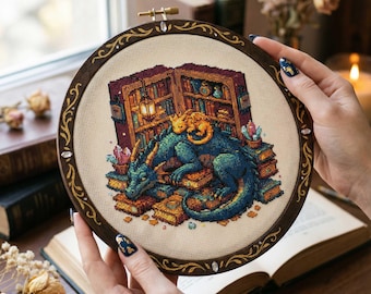Cozy Reading Nook Dragon Cross Stitch Pattern: Whimsical Fantasy Dragon in Library Embroidery PDF