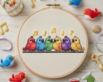 Rainbow Songbirds Cross Stitch Pattern: Colorful Singing Birds Embroidery PDF Musical Notes