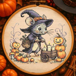 Halloween Cute Witch Mouse Cross Stitch Pattern Magical Mouse Embroidery Pattern Spooky Halloween Pumpkins Cross Stitch PDF Autumn Lovers