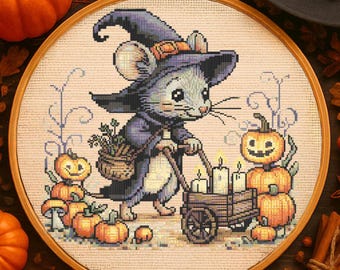 Patrón de punto de cruz de ratón brujo lindo de Halloween Patrón de bordado de ratón mágico Calabazas de Halloween espeluznantes Punto de cruz PDF Amantes del otoño