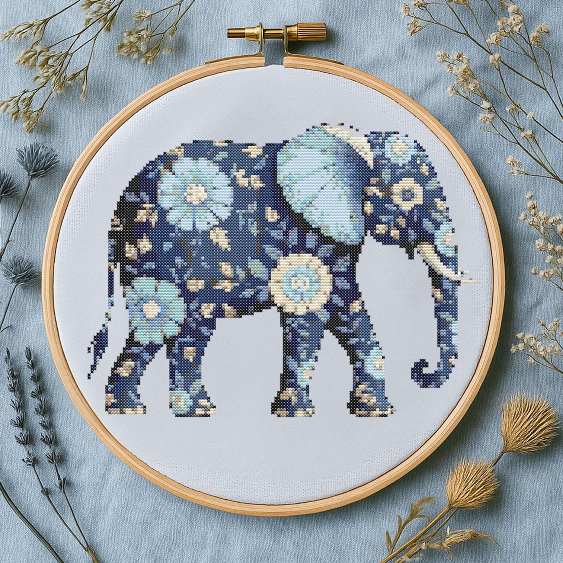 Animal Stitching Botanical Floral Elephant Cross Stitch Pattern Floral Blue Elephant ...