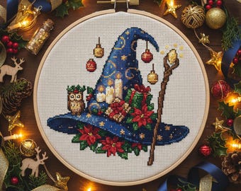 Christmas Witch Hat Cross Stitch Pattern: Fantasy Holiday Embroidery PDF with Owl, Candles, and Poinsettias