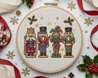 Traditional Nutcracker Quartet Cross Stitch Pattern: Christmas Embroidery PDF with King, Soldier, Jester, and Drummer Figures