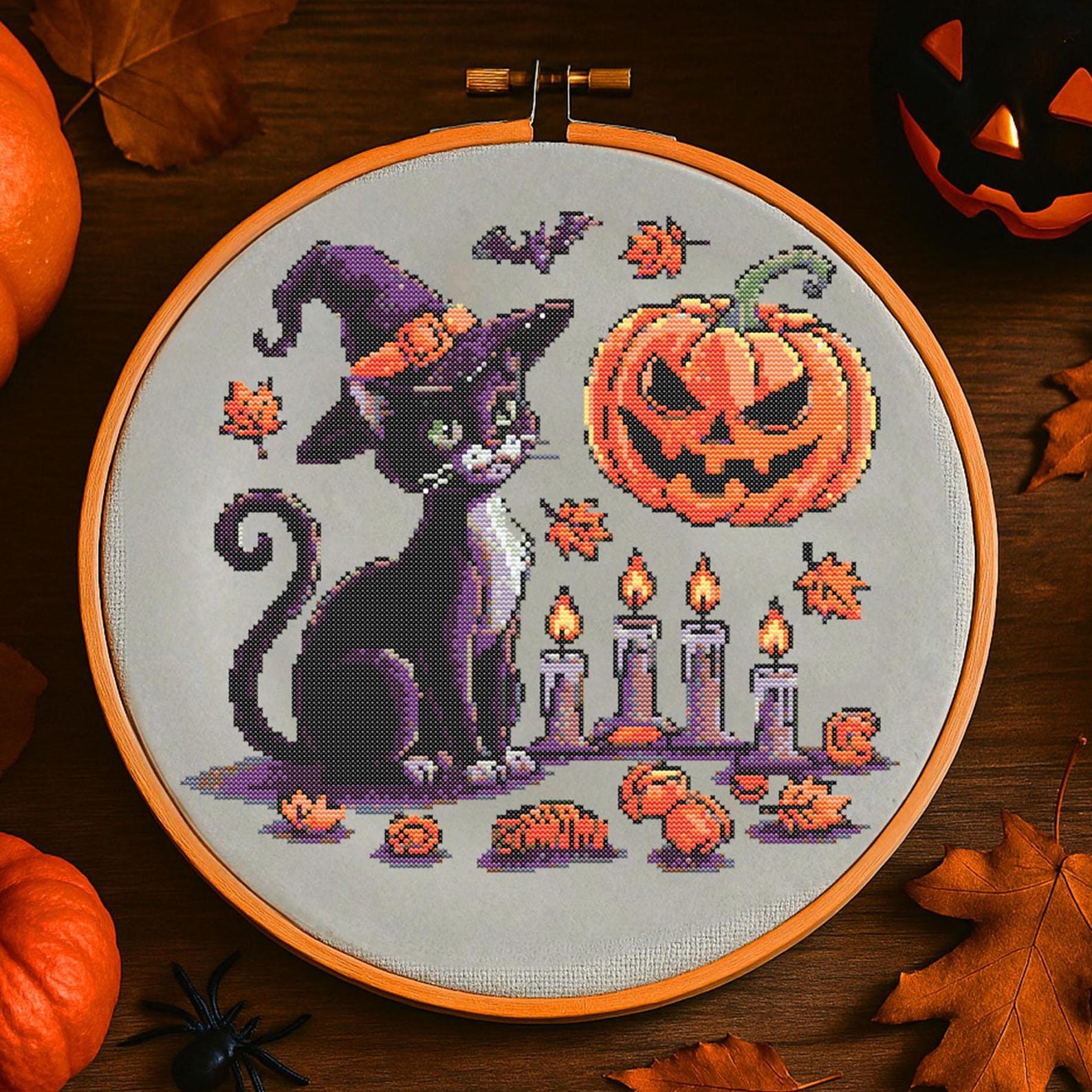 Halloween Witch Cat Cross Stitch Pattern, Spooky Black Cat With Pumpkin ...