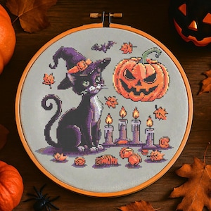 Halloween Witch Cat Cross Stitch Pattern, Spooky Black Cat With Pumpkin Embroidery, Full Moon Candles Stitch Pattern, Bat & Fall Leaves