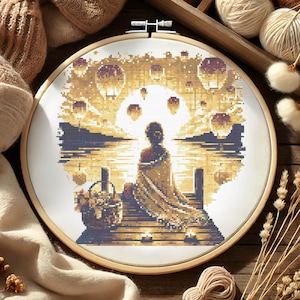 Girl Sunset Cross Stitch, Golden Glow Meditation Cross Stitch Pattern, Tranquil Sunset Embroidery, Zen Retreat Stitching Cross Stitch PDF