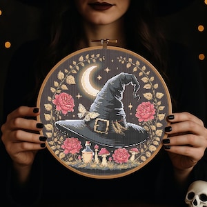Witch Hat Cross Stitch Pattern, Gothic Witch Hat with Potion and Roses Halloween Embroidery Moon Spooky Halloween beginner stitching Pattern