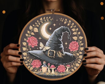 Hexenhut Kreuzstichmuster, Gothic Hexenhut mit Trank und Rosen Halloween Stickerei Mond Gruseliges Halloween Anfänger Stickmuster