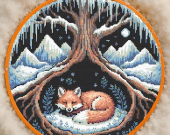 Sleepy Fox Winter Den Cross Stitch Pattern Cozy Fox Den Under Tree Embroidery Snowy Forest Mountains Woodland Cross Stitch for Winter Lovers
