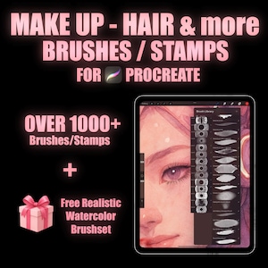Op de afbeelding: Een advertentie voor Procreate penselen en stempels, met een tablet met een aquarelportret en een penselenbibliotheek. Tekst bevat "MAKE UP - HAIR & more BRUSHES / STAMPS FOR PROCREATE" en "OVER 1000+ Brushes/Stamps".