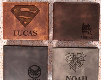 Superhero Gift Men, Custom Bifold Wallet, Personalized Leather Wallet for Dad, Engraved Hero Leather Wallet Husband, Comic Gift for Xmas