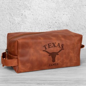 Texas Longhorns Gift, Texas Football Dopp Kit, Sports Fan Gifts, Engraved Leather Dopp Kit, Toiletry Bag for Men, Sports Team Travel Bag