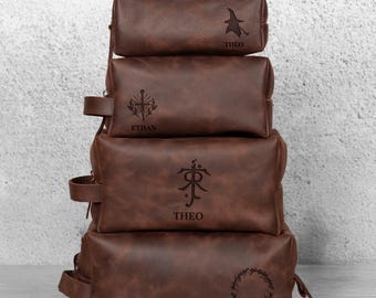 LOTR Dopp Kit Gift, Personalized Leather Toiletry Bag, Custom Engraved Shave Bag, Groomsmen Travel Gift, Hobbit LOTR Wash Bag
