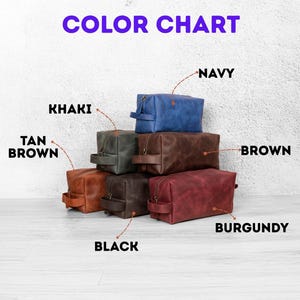 May include: A colour chart showing several toiletry bags in various shades. The bags are stacked, displaying colours such as navy, khaki, tan brown, brown, black, and burgundy. The text "COLOR CHART" is at the top.