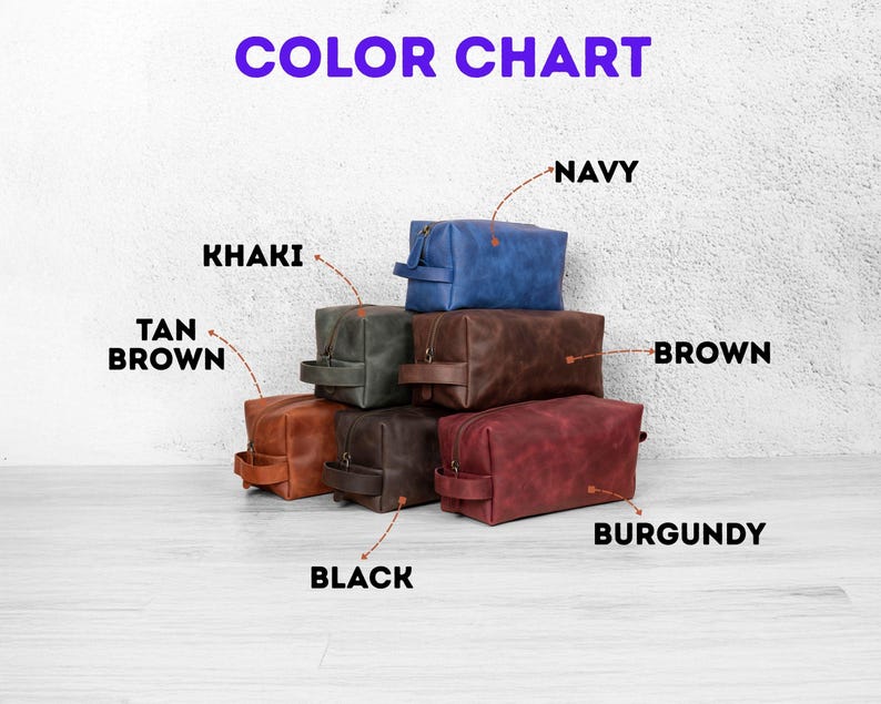 May include: A colour chart showing several toiletry bags in various shades. The bags are stacked, displaying colours such as navy, khaki, tan brown, brown, black, and burgundy. The text "COLOR CHART" is at the top.